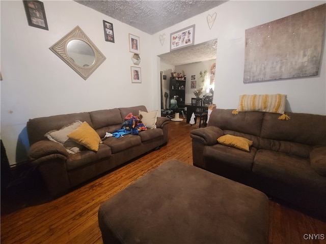 living room with a textured ceiling and hardwood / wood-style flooring