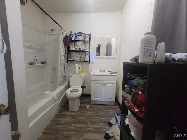 full bathroom featuring vanity, toilet, shower / bath combo with shower curtain, and hardwood / wood-style flooring