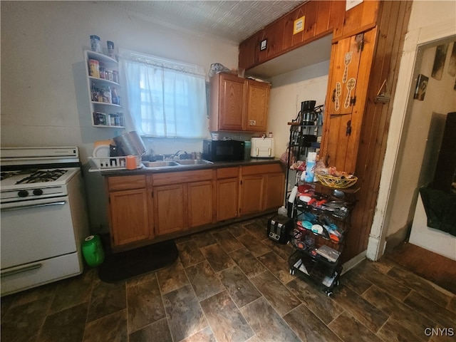 kitchen with white gas range oven and sink