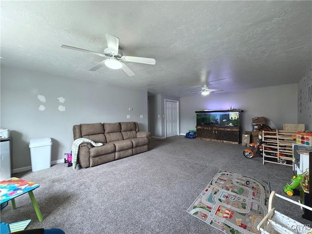 carpeted living room with a textured ceiling and ceiling fan