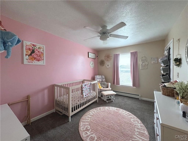 bedroom with a baseboard radiator, dark colored carpet, ceiling fan, and a textured ceiling