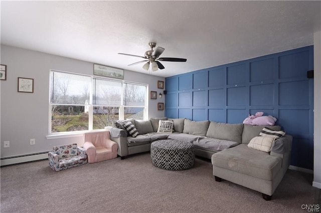 living room featuring carpet, ceiling fan, and baseboard heating