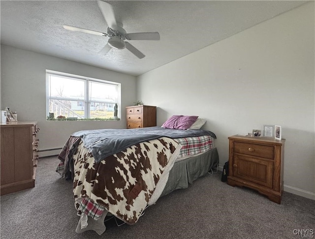 carpeted bedroom with ceiling fan, a textured ceiling, and a baseboard heating unit