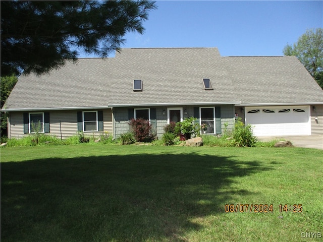 single story home with a garage and a front lawn