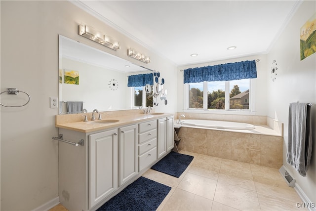 bathroom featuring vanity, tiled bath, crown molding, and tile patterned flooring