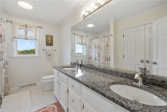 bathroom featuring tile patterned flooring, a shower with shower curtain, ornamental molding, vanity, and toilet