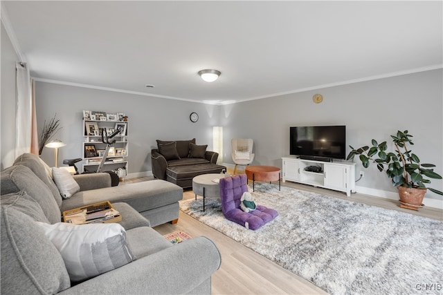 living room with ornamental molding and light wood-type flooring