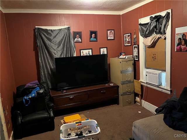 carpeted living room with ornamental molding, cooling unit, and a textured ceiling