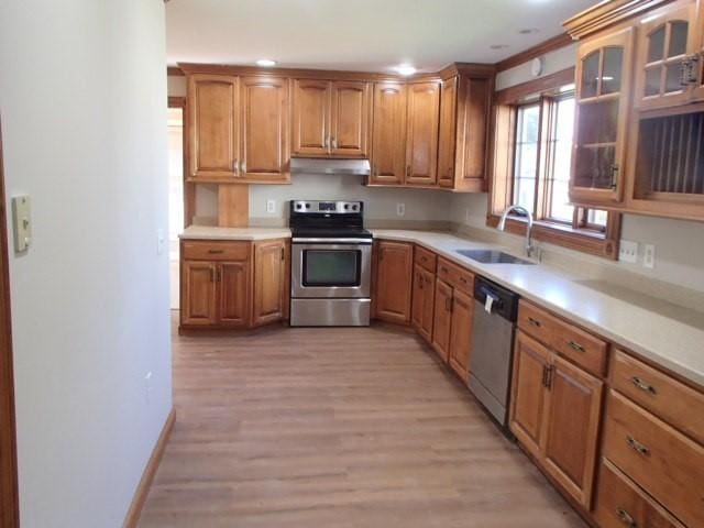 kitchen featuring light wood finished floors, under cabinet range hood, stainless steel appliances, light countertops, and a sink