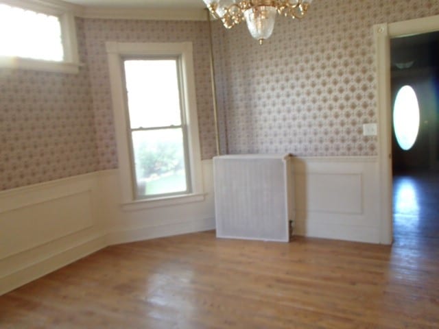 unfurnished dining area featuring radiator heating unit and wood-type flooring