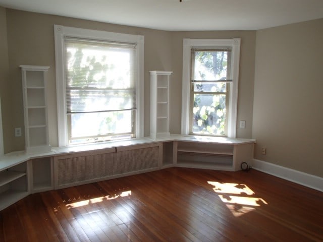 spare room with radiator heating unit and dark wood-type flooring