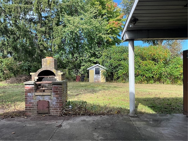 exterior space with a shed