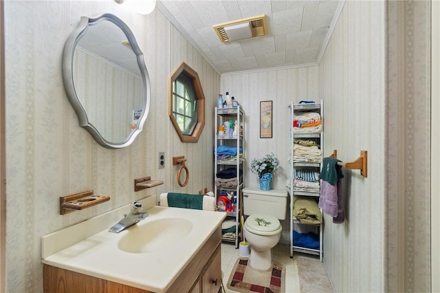 7682 Cottage Rd Unit 2, Wolcott, NY 14590 - bathroom featuring wallpapered walls, toilet, visible vents, and vanity
