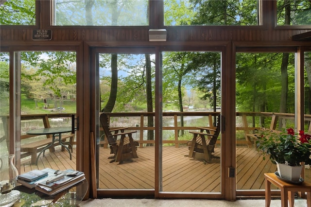 doorway to outside featuring carpet floors and a water view