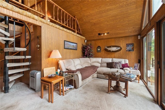 7682 Cottage Rd Unit 2, Wolcott, NY 14590 - carpeted living room with lofted ceiling, wooden walls, and wooden ceiling