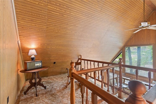 7682 Cottage Rd Unit 2, Wolcott, NY 14590 - additional living space featuring lofted ceiling, wood walls, carpet floors, a ceiling fan, and wood ceiling