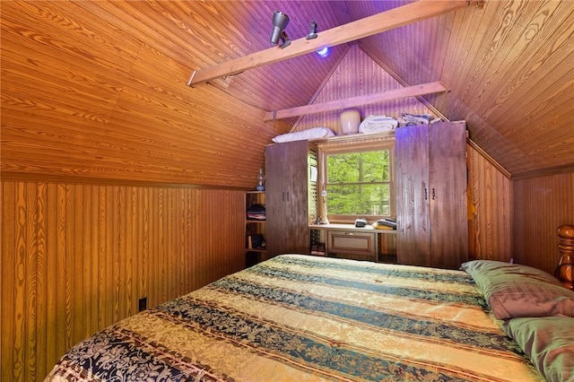 7682 Cottage Rd Unit 2, Wolcott, NY 14590 - bedroom featuring wood ceiling, wood walls, and lofted ceiling with beams