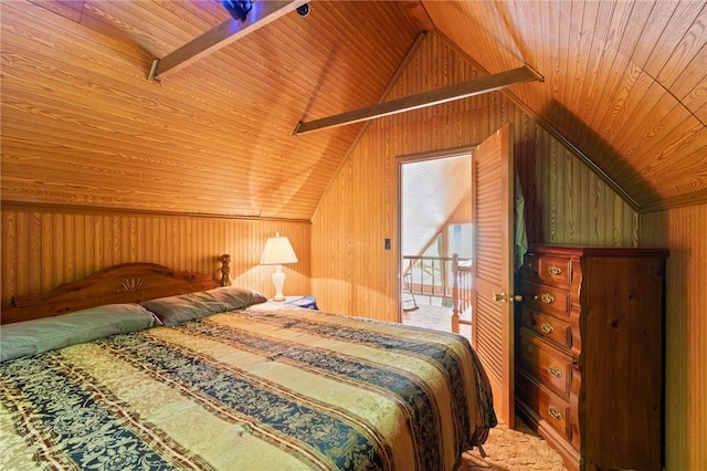 bedroom featuring lofted ceiling with beams, wood walls, and wooden ceiling