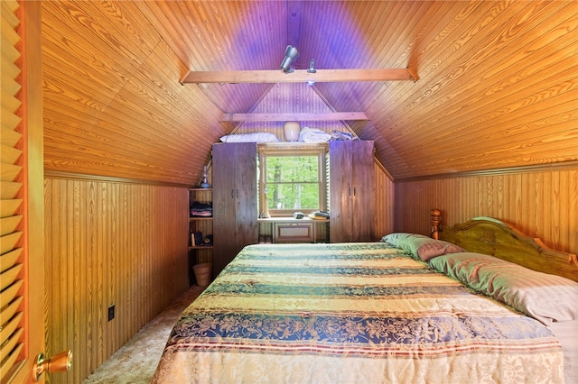 bedroom featuring wood walls, vaulted ceiling, and wooden ceiling