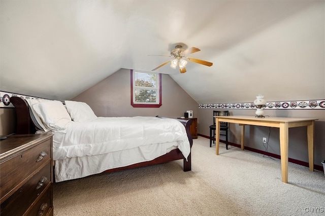 bedroom with light carpet, lofted ceiling, and ceiling fan