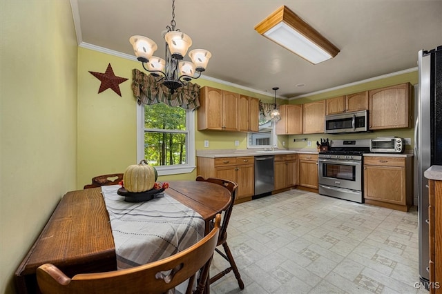 kitchen with sink, a notable chandelier, hanging light fixtures, stainless steel appliances, and crown molding