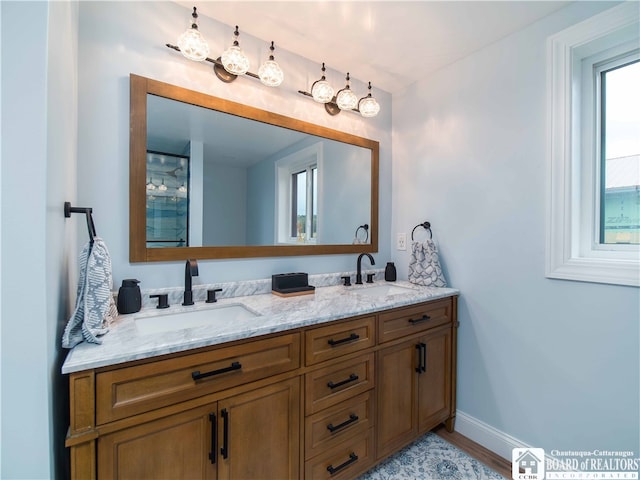 bathroom featuring vanity and hardwood / wood-style floors