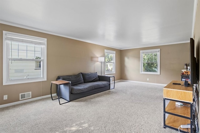 carpeted living room with crown molding