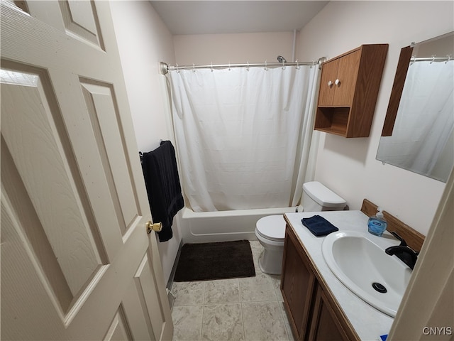 full bathroom with shower / tub combo with curtain, vanity, toilet, and tile patterned floors