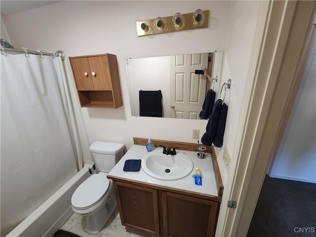 full bathroom featuring shower / bath combo, tile patterned flooring, vanity, and toilet