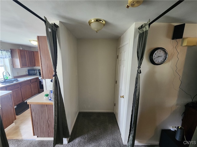 interior space featuring light colored carpet and sink