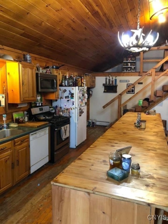 kitchen featuring wood ceiling, dark wood-type flooring, white appliances, butcher block countertops, and pendant lighting