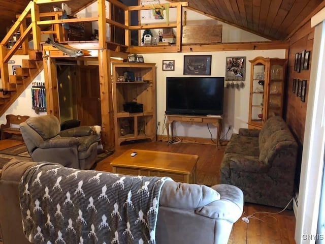 living room with hardwood / wood-style floors, wood ceiling, and lofted ceiling