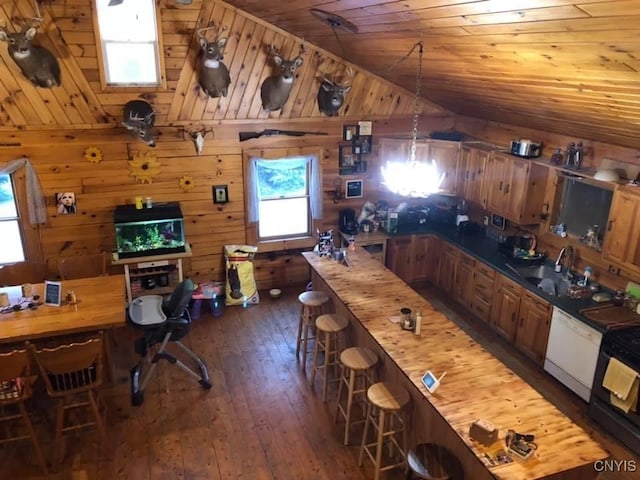 kitchen with pendant lighting, plenty of natural light, and wood walls