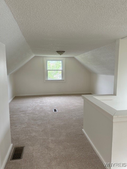 bonus room with light carpet, a textured ceiling, and vaulted ceiling