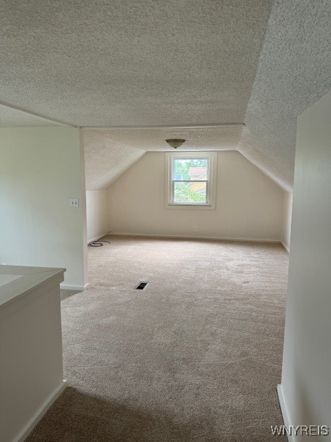 additional living space with a textured ceiling, lofted ceiling, and light carpet