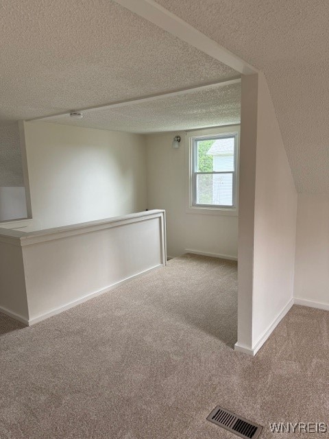 additional living space with a textured ceiling, lofted ceiling, and carpet flooring