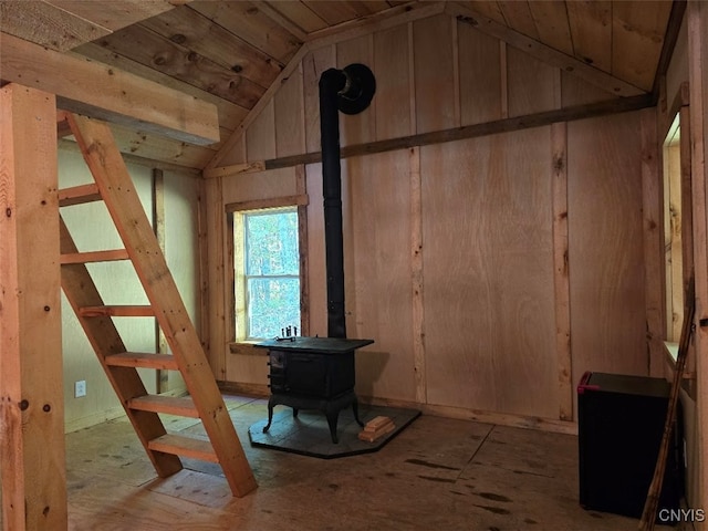 basement with a wood stove