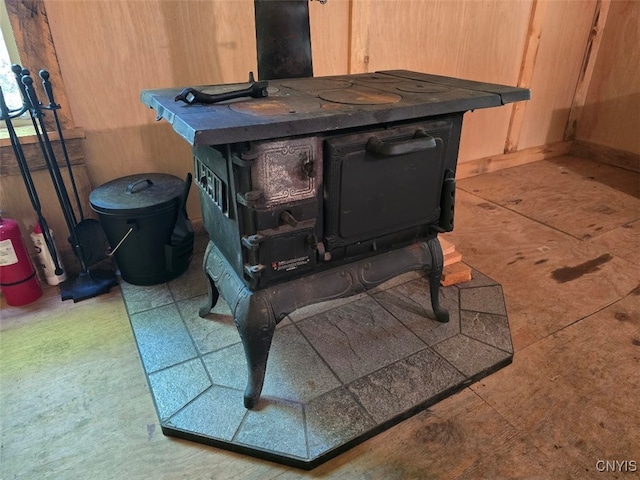 room details with wooden walls and a wood stove