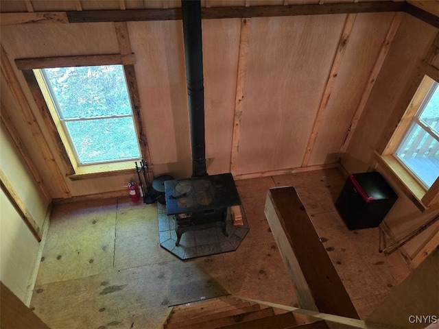 interior details featuring a wood stove