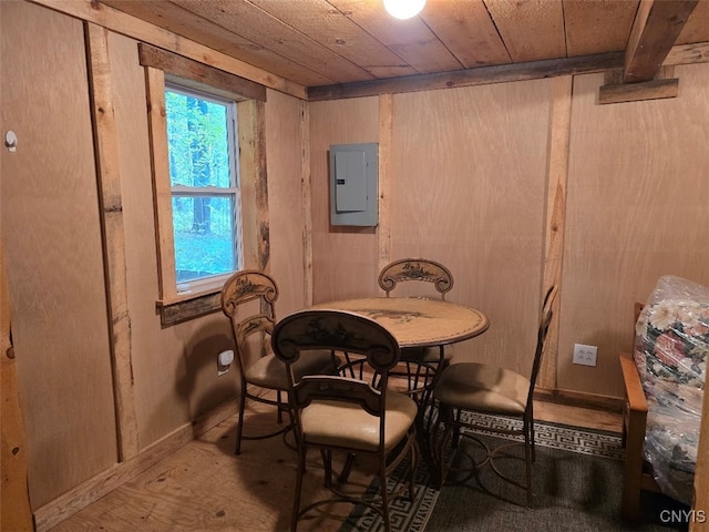 dining room featuring wood ceiling and electric panel