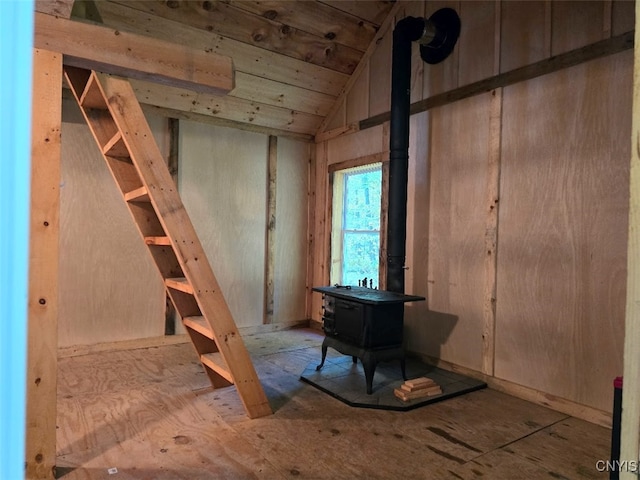 basement featuring a wood stove