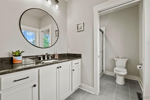 full bathroom featuring toilet, a shower stall, vanity, and tile patterned floors