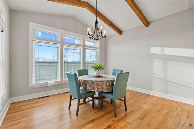 dining space featuring baseboards, visible vents, lofted ceiling with beams, and light wood finished floors