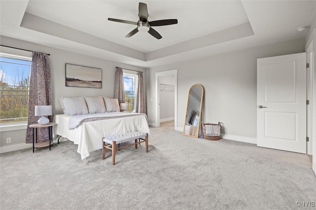 bedroom featuring a tray ceiling and multiple windows