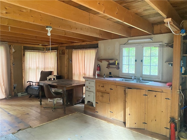 kitchen featuring light brown cabinets, baseboard heating, and sink