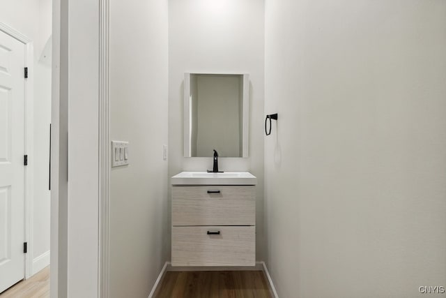 bathroom with wood-type flooring and vanity