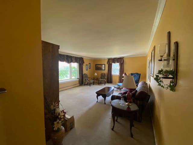 living room with light colored carpet, a baseboard radiator, ornamental molding, and a healthy amount of sunlight