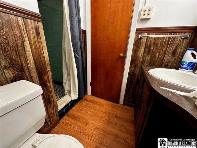 3682 Rte 430, Ellery, NY 14712 - full bath with a wainscoted wall, a shower stall, toilet, wood finished floors, and vanity