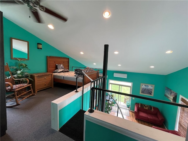 bedroom featuring ceiling fan, lofted ceiling, and carpet flooring