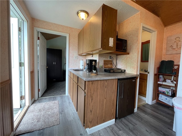 kitchen with wood-type flooring, lofted ceiling, a textured ceiling, and sink